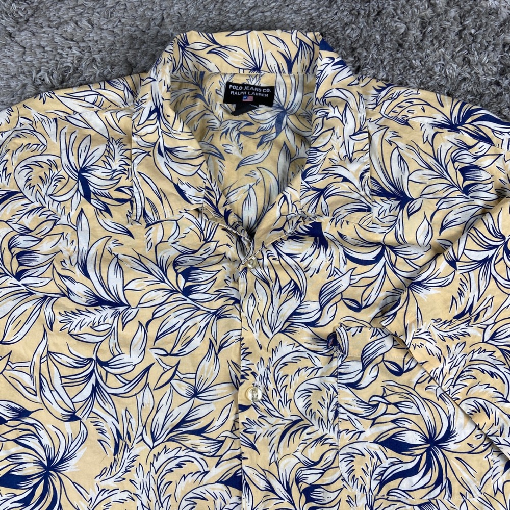 Polo Jeans Co Ralph Lauren Hawaiian Shirt Mens Large Yellow Floral Tropical READ